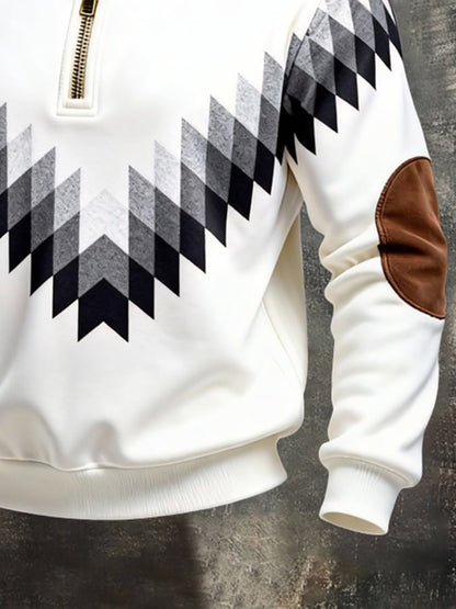 Men's Retro Color Block Print Color-Blocked Zip-Up Sweatshirt