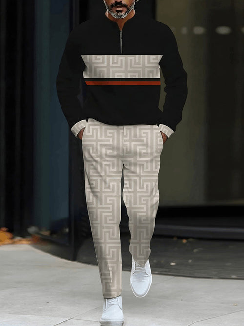 Men's Casual Black & Beige Color Matching Vintage Style Patchwork Printed Round-Neck Zipper Long Sleeved Sweatshirt & Trousers Two-Piece Set