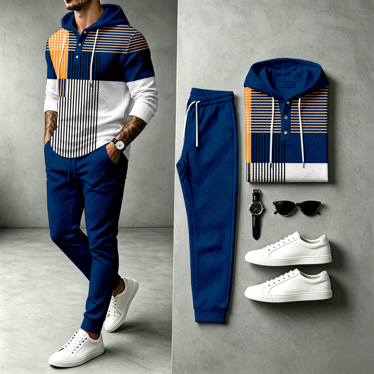 Men's Striped Patchwork Hooded Sweatshirt and Pants Set