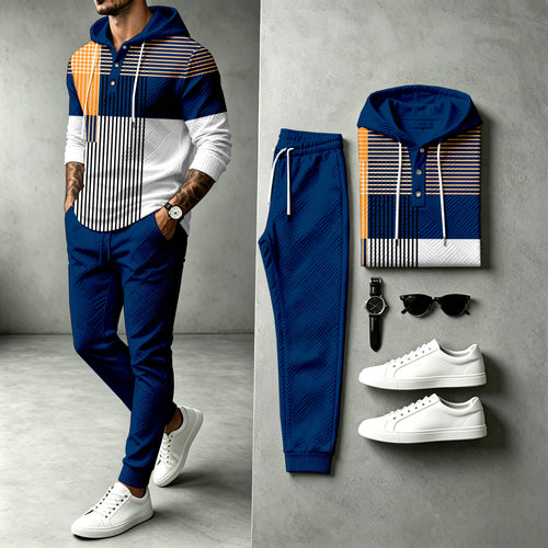 Men's Striped Patchwork Hooded Sweatshirt and Pants Set