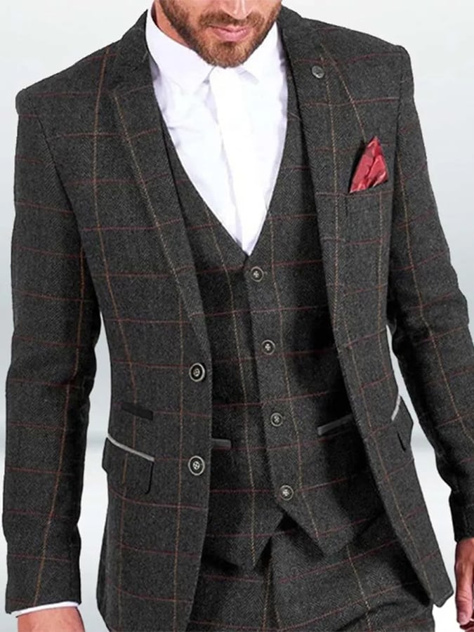 Men's Business Single-Breasted Plaid Contrast Color Suit Three-Piece Suit