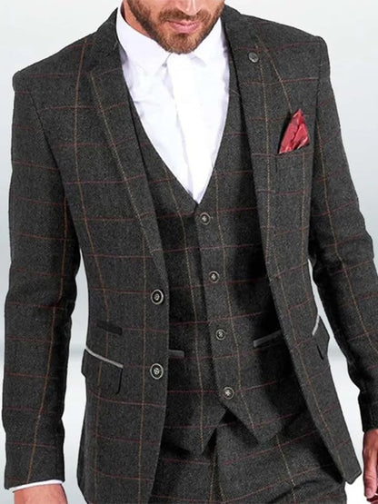 Men's Business Single-Breasted Plaid Contrast Color Suit Three-Piece Suit