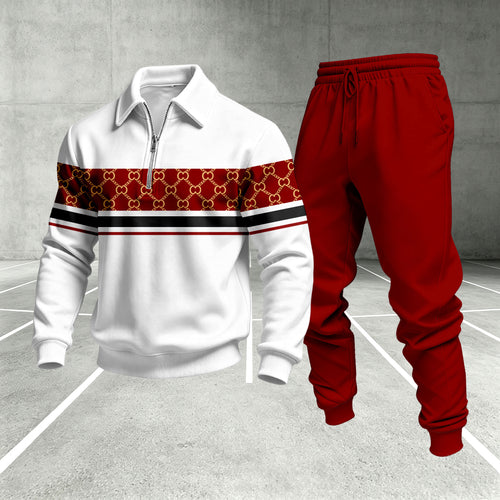 Men's Printed Zipper Polo Shirt and Pants Set