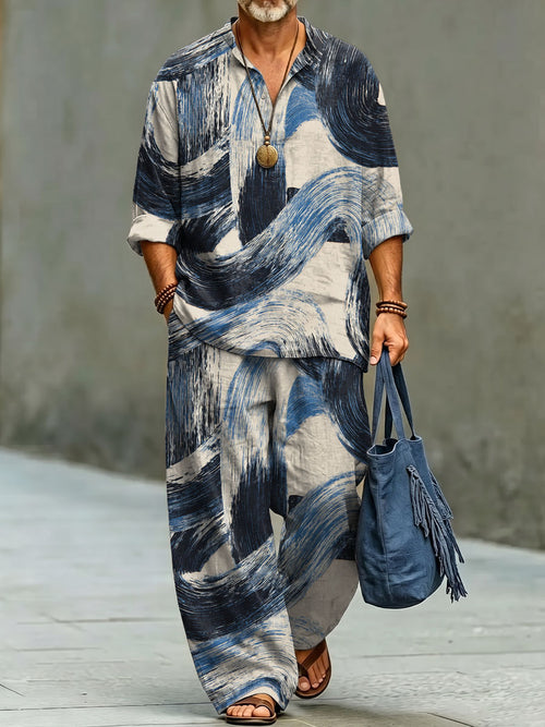 Elegant Sophisticated And Casual Dry-brush Style Decorative Patterns. Long Sleeve Cotton Linen Top And Pants Set