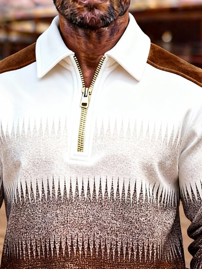 Men's Retro Color Block Print Zipper Sweatshirt