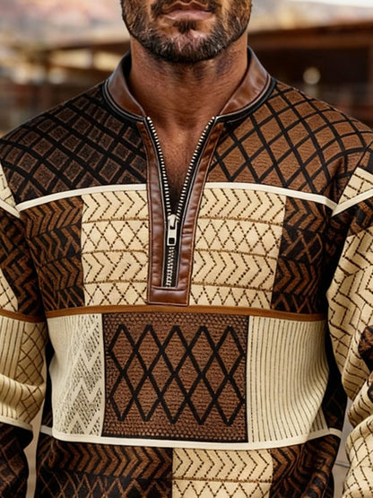 Men's Retro Color Block Print Zipper Sweatshirt