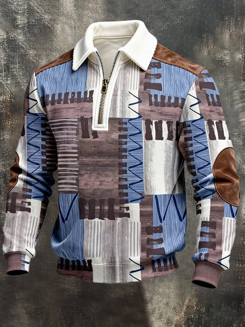 Men's Retro Color Block Print Zipper Sweatshirt