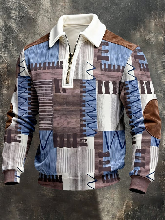 Men's Retro Color Block Print Zipper Sweatshirt
