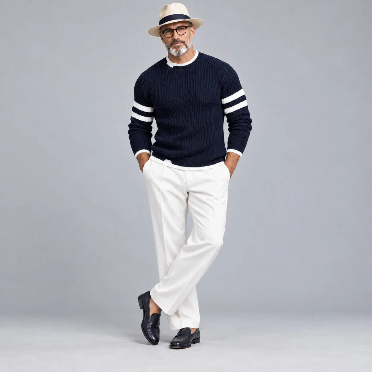 Men's Black Contrast Stripes Ribbed Knit Crew Neck Casual Pullover Sweater