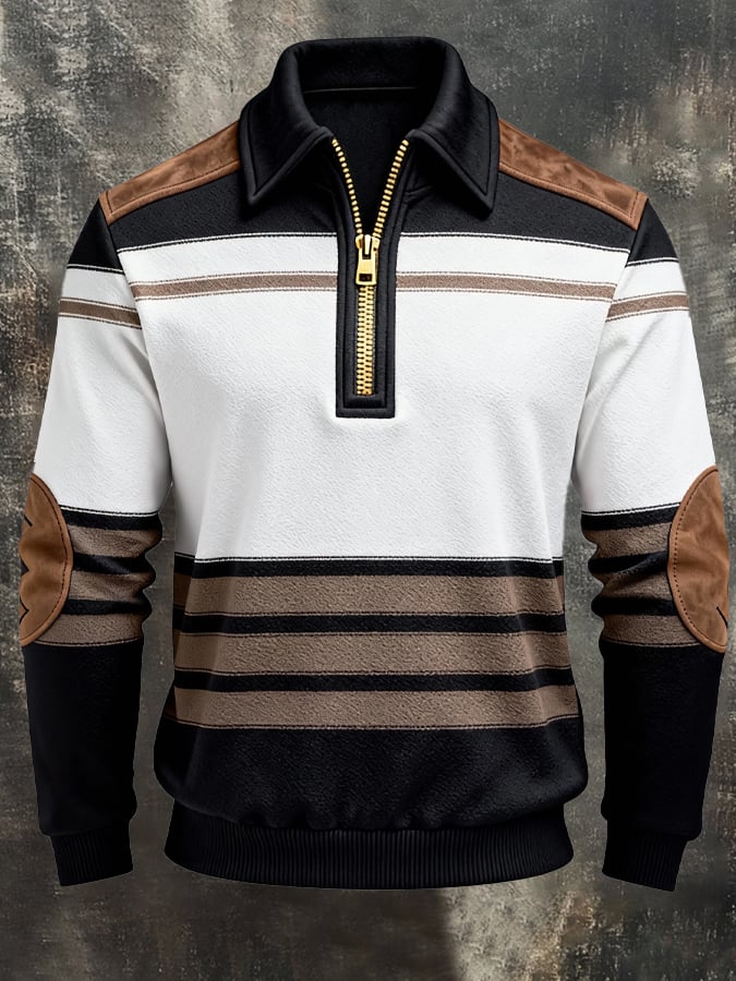 Men's Retro Color Block Print Zipper Sweatshirt