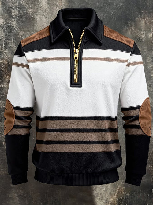 Men's Retro Color Block Print Zipper Sweatshirt