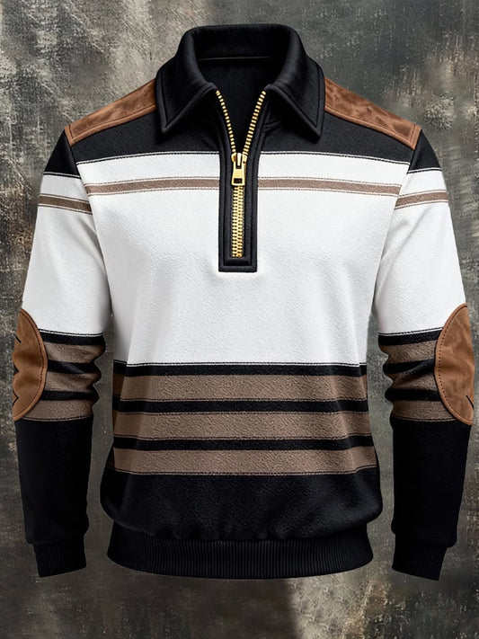Men's Retro Color Block Print Zipper Sweatshirt