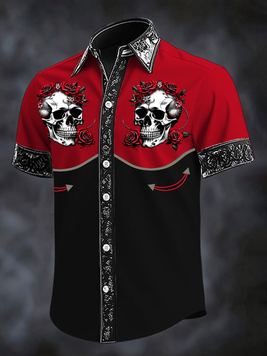 Men's Dark Skull Print Casual Short Sleeve Shirt