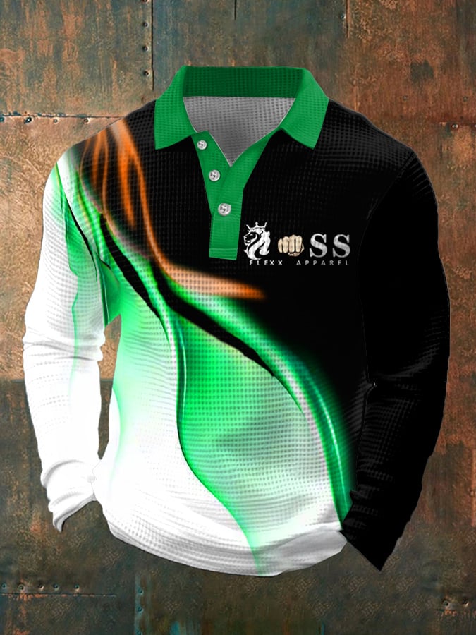 Men's Retro Letter Design Waffle Fabric Long Sleeve Polo Shirt