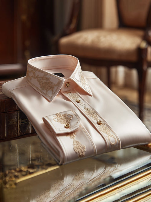 Men's Satin Luxury European Pattern Long Sleeve Button-Down Shirt
