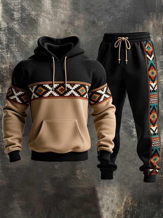 Men's Retro Distressed Contrast Color Hooded Casual Sweatshirt Set
