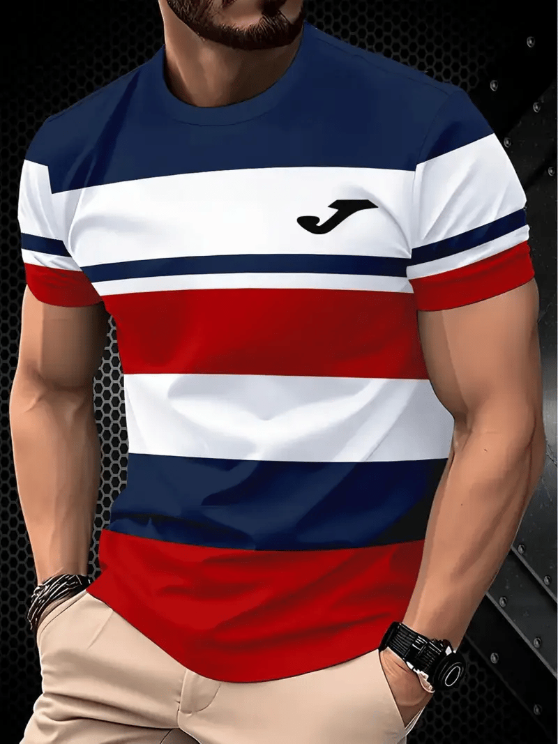 Men's Business Stripe Logo Print Short Sleeve T-Shirt