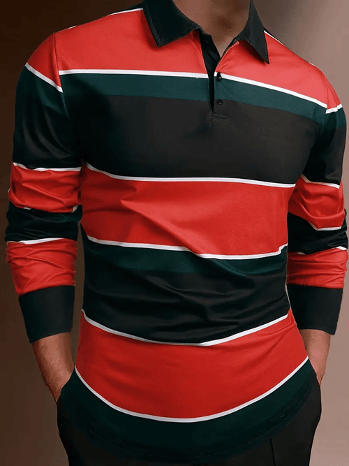 Men's Business Casual Striped Long-Sleeved Polo Shirt