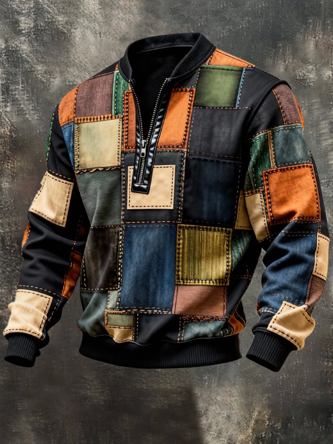Men's Vintage Color-Block Printed Zip-Up Hoodie