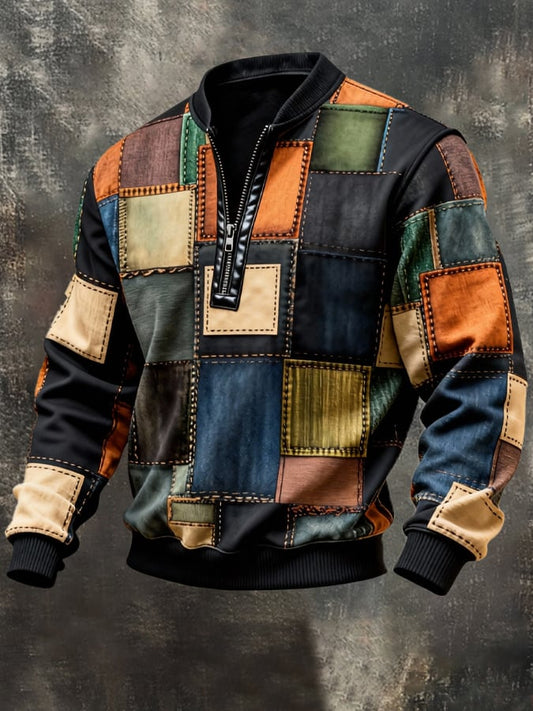 Men's Vintage Color-Block Printed Zip-Up Hoodie