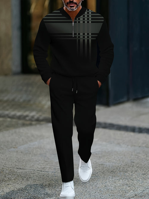 Men's Casual Color Matching Printed Round-Neck Zipper Long Sleeved Trousers Two-Piece Set