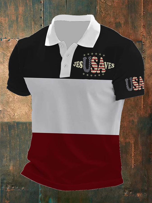 Men's Vintage USA Jesus Saves Printed POLO Shirt