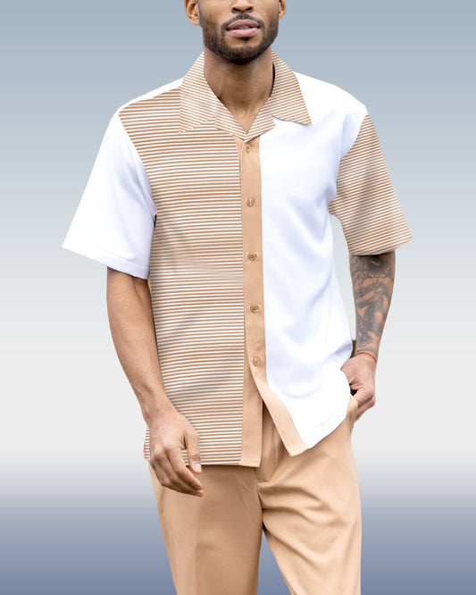Tan Vertical Color Block Walking Suit 2 Piece Short Sleeve Set