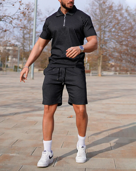 Suitmens Men's Black Vertical Stripe Summer POLO Suit