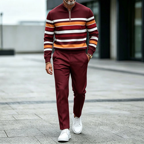 Men's Color-Blocked Striped Crew-Neck Zipper Long-Sleeve Top and Pants Set