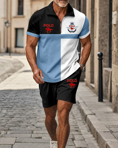 Men's Color Blocked Summer Polo Shorts Set 017