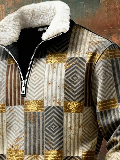 Men's Retro Color Block Print Casual Fur Collar Sweatshirt