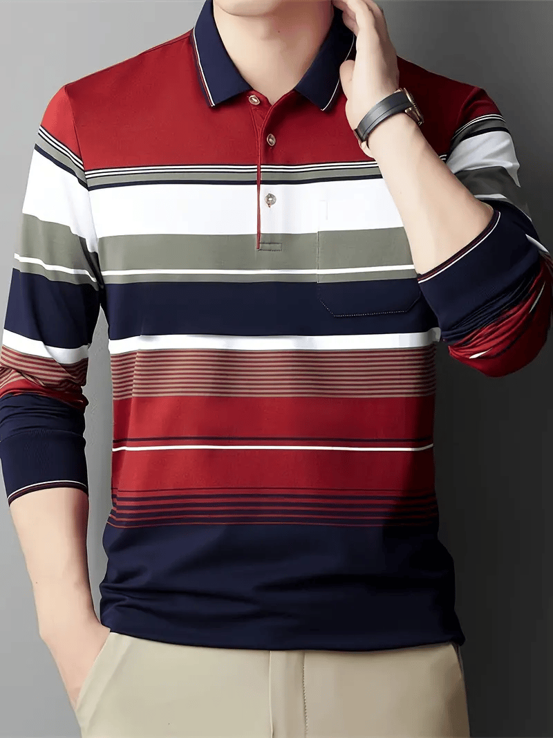 Men's Business Light Luxury Striped Print Lapel Polo Shirt