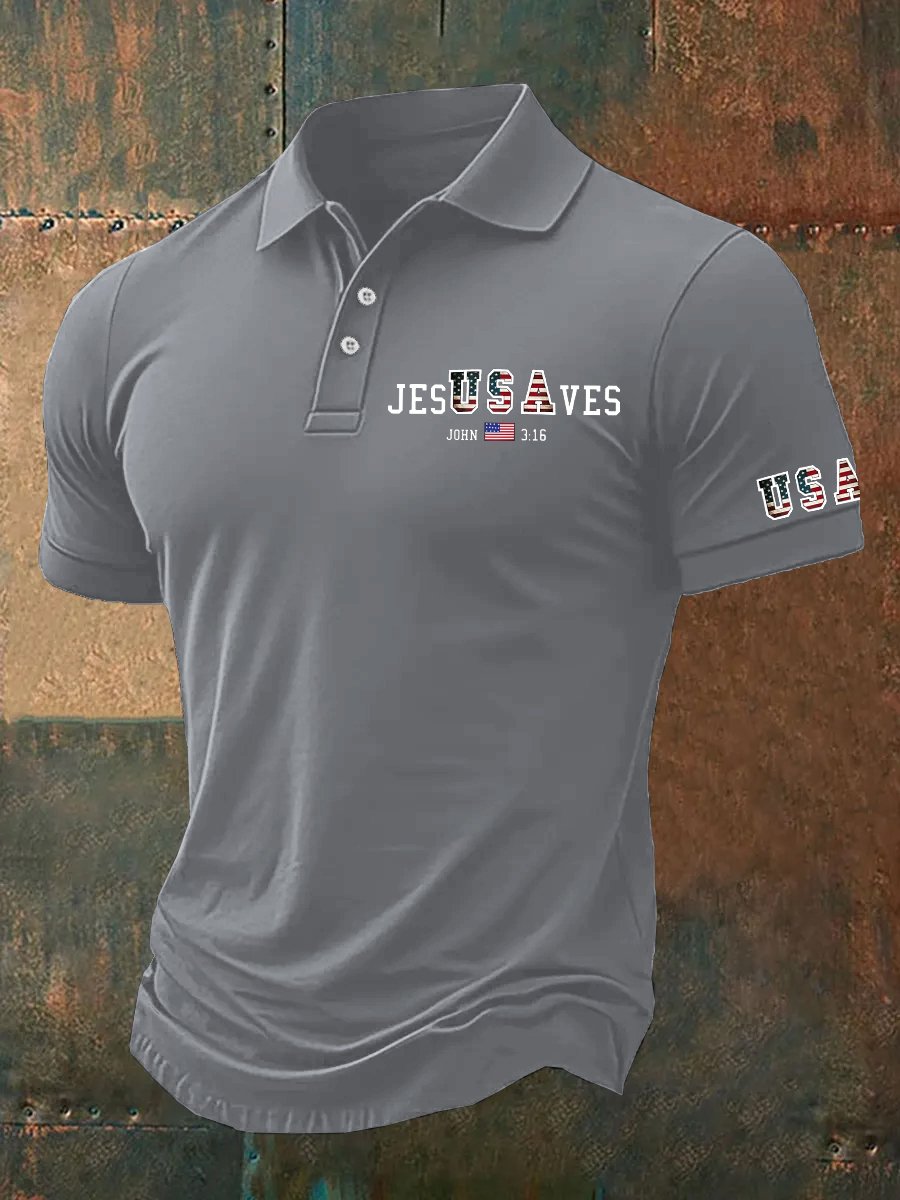 Men's Vintage USA Jesus Saves  Printed Polo Shirt