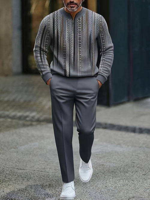 Men's Casual Color Matching Printed Round-Neck Zipper Long Sleeved Trousers Two-Piece Set
