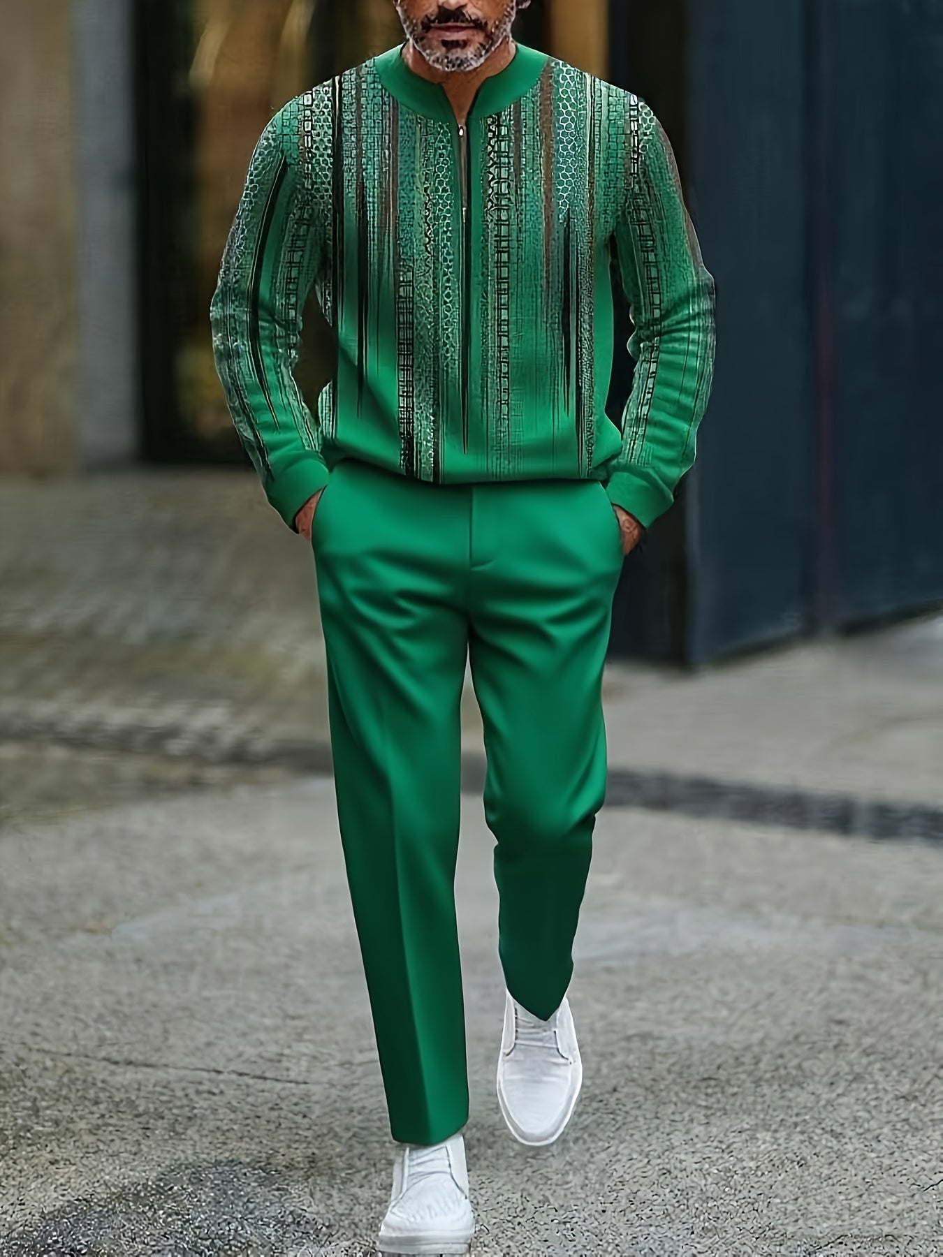 Men's Casual Color Matching Printed Round-Neck Zipper Long Sleeved Trousers Two-Piece Set