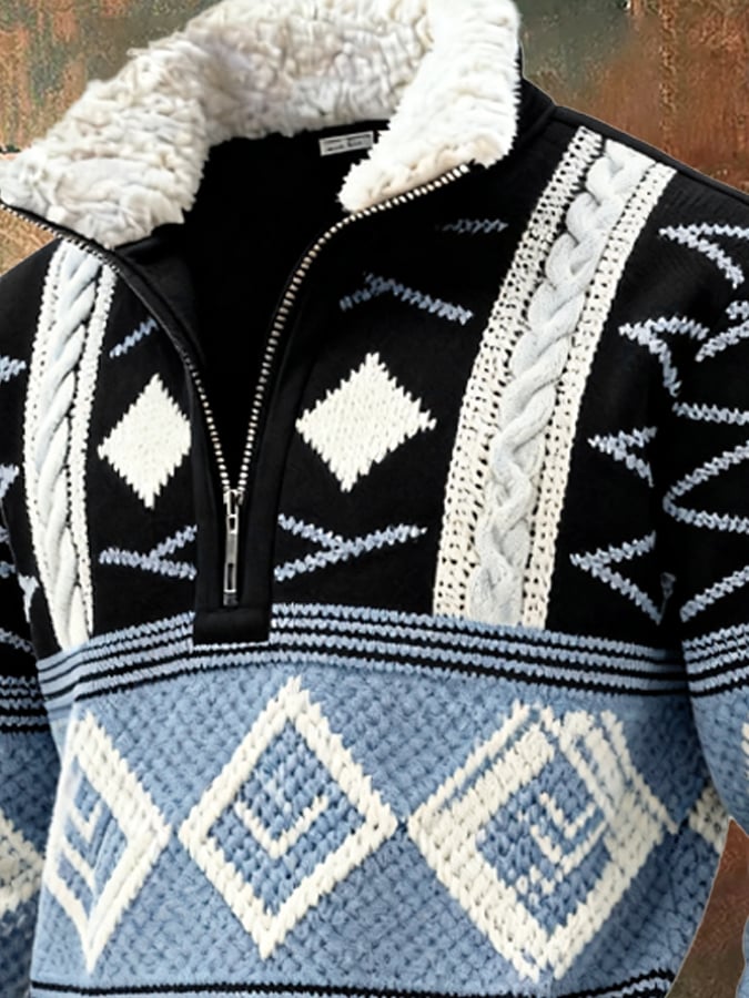 Men's Retro Color Block Print Casual Fur Collar Sweatshirt