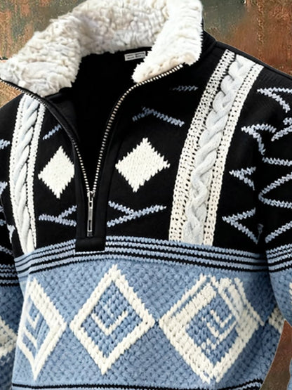 Men's Retro Color Block Print Casual Fur Collar Sweatshirt
