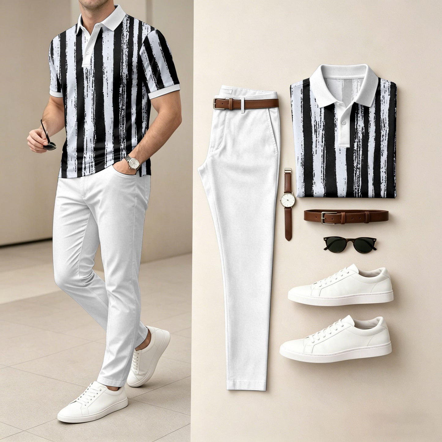 Men's Striped Print Short-Sleeve Polo Shirt and Pants Set