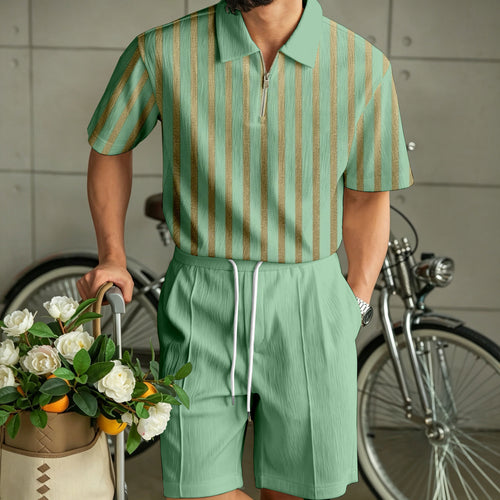 Men's Striped Zipper Polo Shirt and Shorts Two-Piece Set