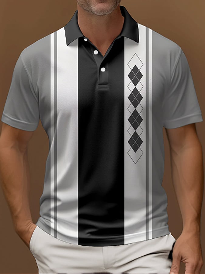 Men's Vintage Striped Button Short Sleeve Polo Shirt