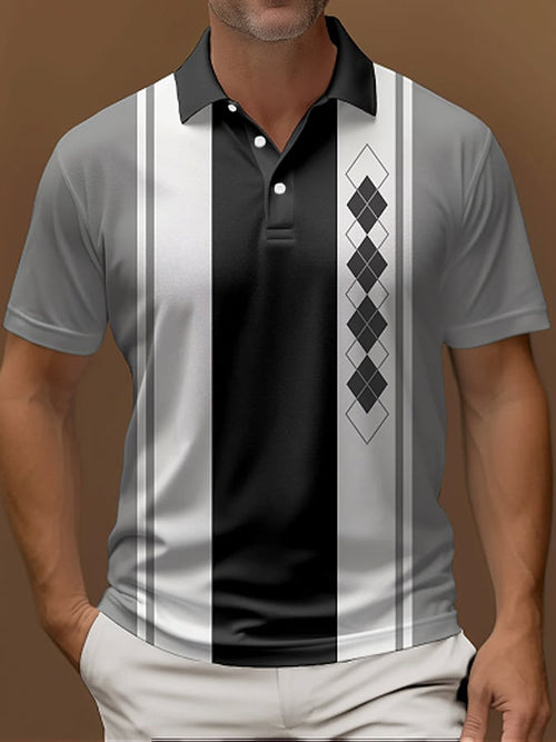 Men's Vintage Striped Button Short Sleeve Polo Shirt