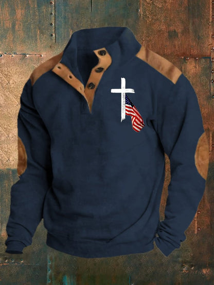 Men's Retro Western Color Block  Belief Print Long Sleeve Sweatshirt