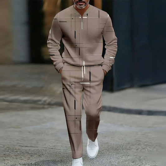 Men's Casual Color Matching Printed Round-Neck Zipper Long Sleeved Trousers Two-Piece Set