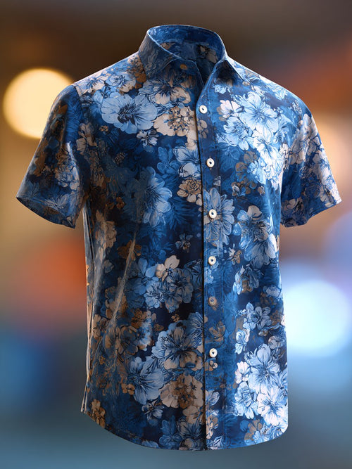Men's Business Casual Floral Print Lapel Short Sleeve Shirt