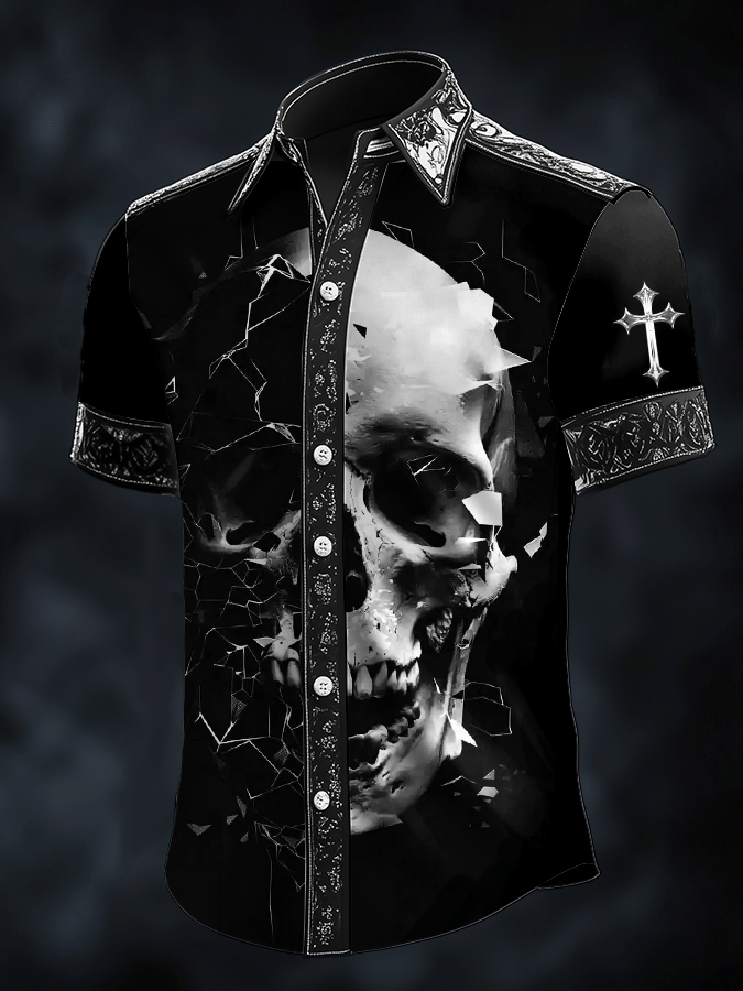 Men's Dark Skull Print Satin Short Sleeve Shirt