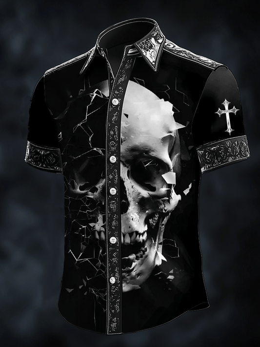 Men's Dark Skull Print Satin Short Sleeve Shirt