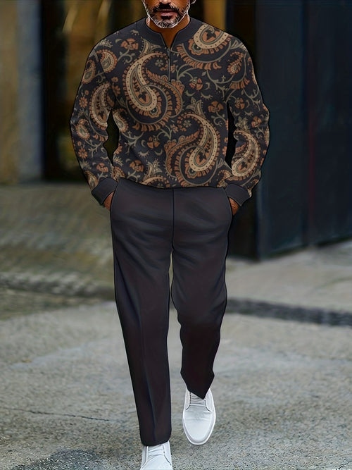 Men's Casual Color Matching Printed Round-Neck Zipper Long Sleeved Trousers Two-Piece Set