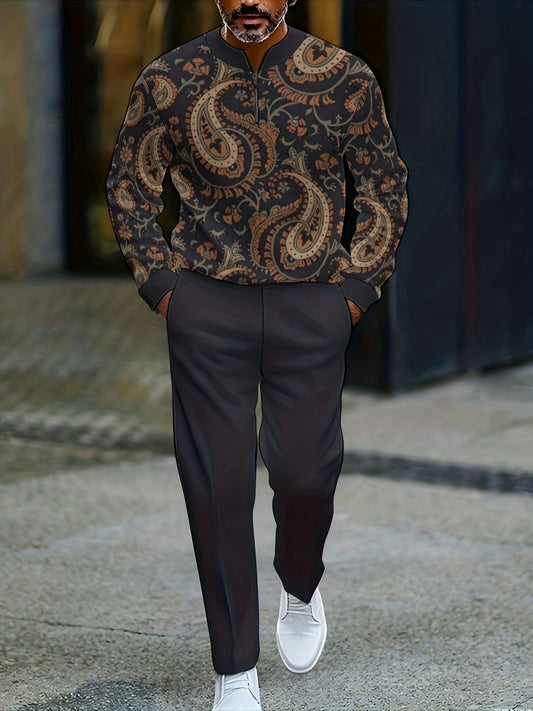 Men's Casual Color Matching Printed Round-Neck Zipper Long Sleeved Trousers Two-Piece Set