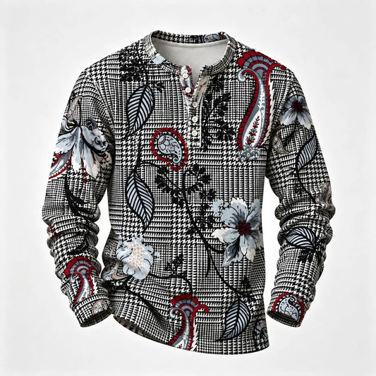Men's Printed Henley-Neck Long-Sleeve Shirt