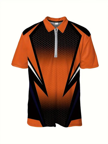 Men's Casual Color Block Zip-Up Polo Shirt